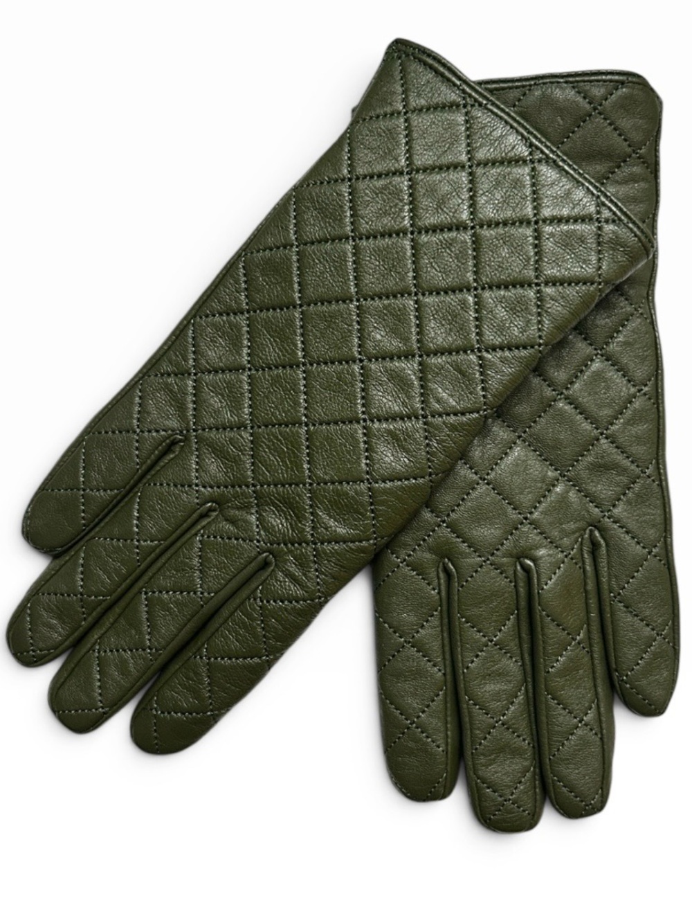 Tu Olive Green Leather Quilted Lined Winter Gloves Size Large